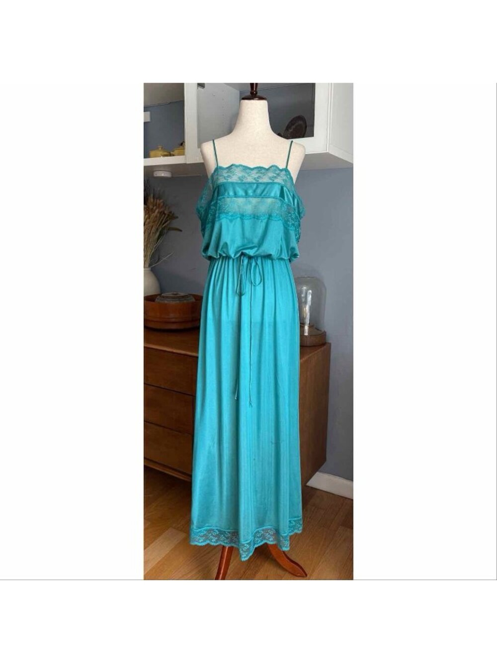Vintage Flair For Joseph Magnin Turquoise Blouson Nightgown w/ Lace Trim Sz L